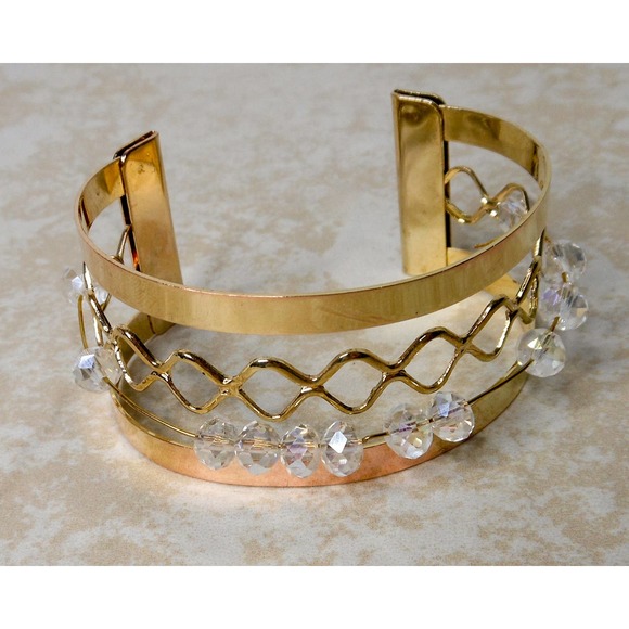 Vintage Art Deco Style Rhinestone Gold Tone Cuff Bracelet , Sliding Beads - Picture 6 of 6